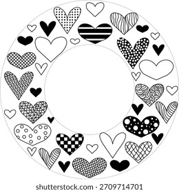 Hand drawn doodle hearts Frame circle Valentine's Day. Vector graphic line black and white illustration. Copy space Template for package, holiday design, fabric and textile.

