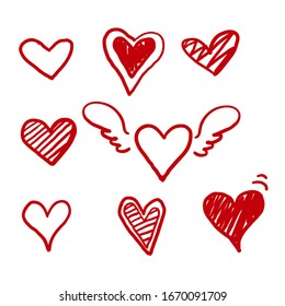 hand drawn Doodle hearts, hand drawn love heart collection. red color vector