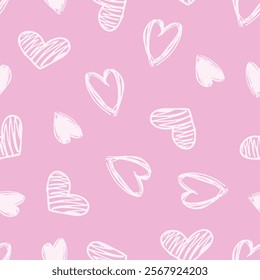 Hand drawn doodle hearts on pink background seamless pattern design. Cute heart repeatable background. Simple doodled hearts template. Seamless heart shaped pattern. 