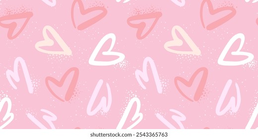 Hand drawn doodle hearts pastel pink seamless pattern. Cute baby girl print design. Vector illustration.