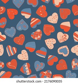 Corazones de garabato de mano que repiten patrón vectorial. Perfecto para textiles, papel pintado, telas y estampado de moda. 