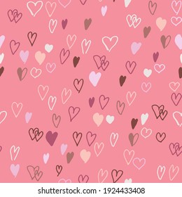 Hand drawn doodle hearts seamless pattern. Simple pastel ink painted hearts on pink background. Cute vector texture for Valentine, Mother's day, birthday cards, wallpaper, wrapping paper.