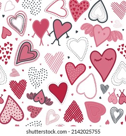 Hand drawn doodle hearts seamless vector pattern. Perfect for Valentine's day, mothers day, baby shower,  fabric and web banners. 