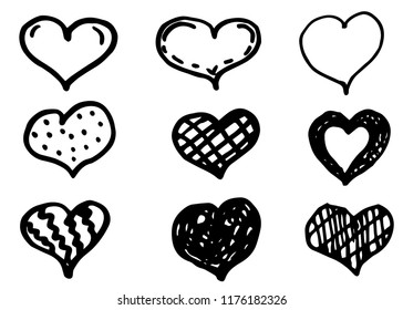 Hand drawn doodle hearts set. Love symbol, vector, isolated
