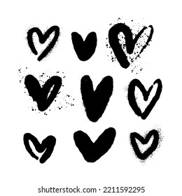 Corazón de garabatos dibujado a mano. El spray negro puede moler el corazón sobre fondo blanco. Diseño aislado de tinta de pincel. Decoración. Plantilla de tarjeta de San Valentín, elemento de patrón y símbolo de amor. Imágenes prediseñadas de vectores