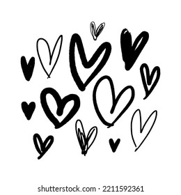 Hand drawn doodle hearts set. Black spray can grunge heart on white background. Brush ink isolated design. Decor element. Valentines day card template, pattern element and love symbol. Vector clip art
