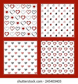 Hand drawn doodle hearts. Set of four seamless patterns - vector background.