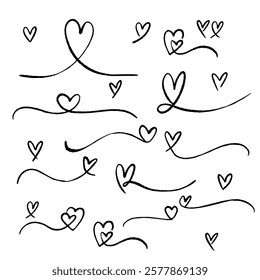 Hand drawn doodle hearts set on a clean white background. Line style design elements.