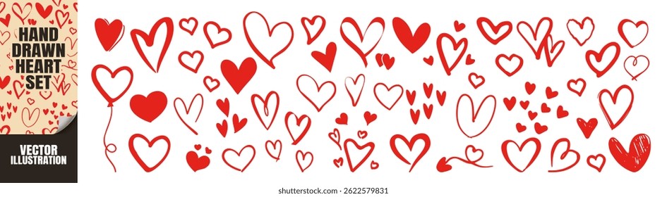 Conjunto de Corações Desenhados à Mão. Coleção de símbolos de amor e ícones de vetor no fundo transparente