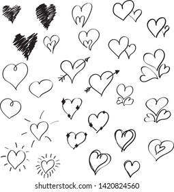 Hand drawn doodle hearts vector collection, cartoon hearts icon set 