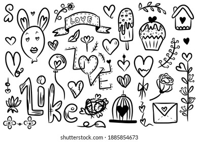 hand drawn doodle hearts vector designs on a white background