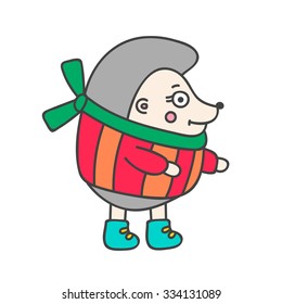 Hand drawn doodle hedgehog in winter clothes. Cute forest animal for kids design. Vector. Isolated.