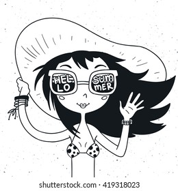 Hand drawn doodle hello summer illustration. Girl in bikini with hat, sunglasses illustration. Vector spring, summer, beach, resort, vacation black and white illustration.