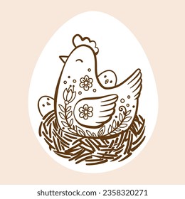 Hand drawn doodle hen in a nest with little chicks. Vector illustration of funny domestic birds