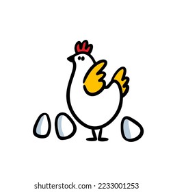 Hand drawn doodle hen with three eggs vector illustration. Cute domestic bird chicken from the farm.