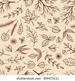 Hand drawn doodle herbal elements seamless pattern