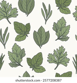 Hand drawn doodle herbs background. Cilantro, tarragon, basil, parsley, laurel bay, rosemary