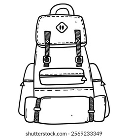 Hand drawn doodle hiking backpack isolated on white background. Vector illustration.