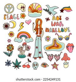 Hand drawn doodle Hippies set. Not war make love, peace. Vector Groovy doodles.