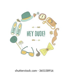 Hand drawn doodle hipster frame, objects collection including mustache, bow tie, hat, pipe, glasses, snickers, arrow, vintage camera, chamomile, lollipop, crystal, compass. Retro objects set 