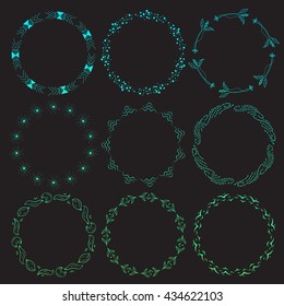 Hand drawn doodle hipster round frame with points, lines, feathers, waves, eyes, birds and anchors gradient on a black background