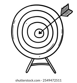 Hand drawn doodle hitting an archery target isolated on a white background. Vector illustration.