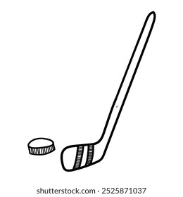 Hand drawn doodle hockey stick and puck isolated on white background. Vector illustration.