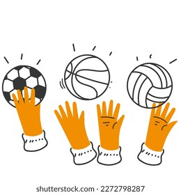 hand drawn doodle hand hold and play sport balls illustration
