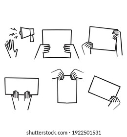 hand drawn doodle hand holding banner symbol for Protesters icon isolated