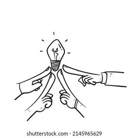 hand drawn doodle hand holding bulb together symbol for team brainstorm icon illustration