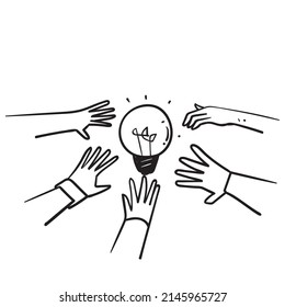 hand drawn doodle hand holding bulb together symbol for team brainstorm icon illustration