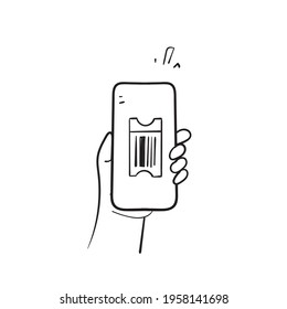 hand drawn doodle hand holding digital ticket on smartphone illustration isolated