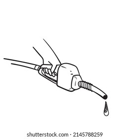 hand drawn doodle hand holding fuel pump gasoline nozzle illustration vector isolated