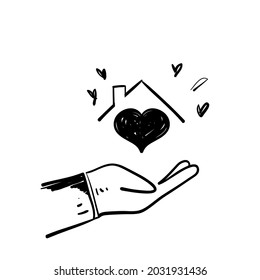 hand drawn doodle hand holding house with love illustration icon isolated