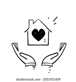 hand drawn doodle hand holding house with love illustration icon isolated