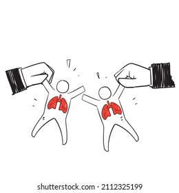 hand drawn doodle hand holding human with lungs illustration vector symbol for lungs health