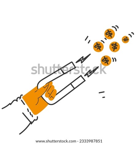 hand drawn doodle hand holding magnet attraction money