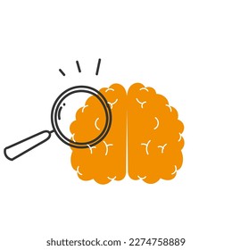 hand drawn doodle holding magnifier for human brain diagnostic illustration