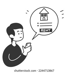 hand drawn doodle Hand holding mobile smart phone with rent home app illustration
