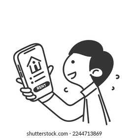 doodle dibujado a mano Mano con teléfono inteligente móvil con imagen de la aplicación residencial de alquiler