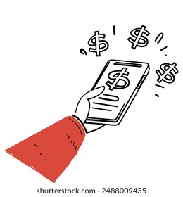 dibujado a mano garabato mano sosteniendo el teléfono móvil con el dinero signo 