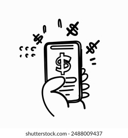 hand drawn doodle hand holding mobile phone with money sign 