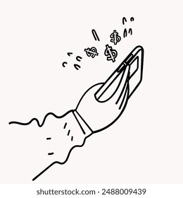 hand drawn doodle hand holding mobile phone with money sign 