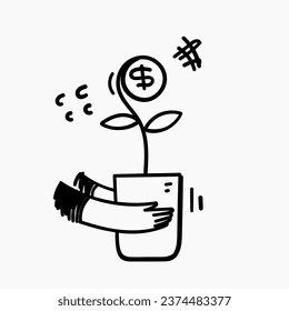 hand drawn doodle hand holding money plant