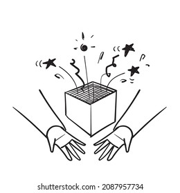 hand drawn doodle hand holding opened gift box with surprise confetti explossion illustration vector