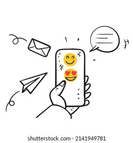 hand drawn doodle hand holding phone and send emoticon with chat or text on social media illustration