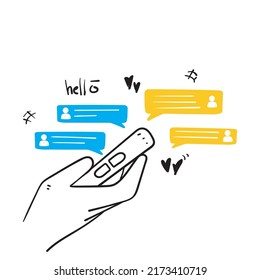 hand drawn doodle Hand holding phone sending short messages illustration