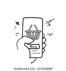 hand drawn doodle hand holding phone with shopping basket or cart illustration