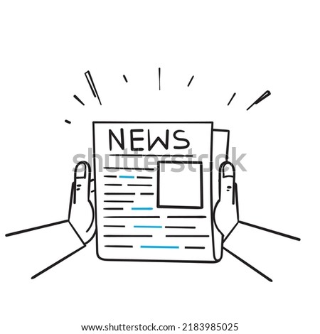 hand drawn doodle hand holding and reading newspaper illustration vector isolated