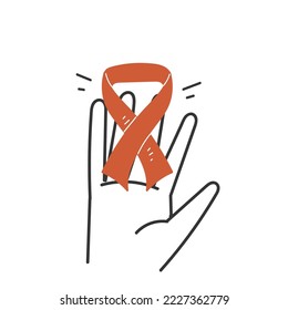 hand drawn doodle hand holding red awareness ribbon illustration vector